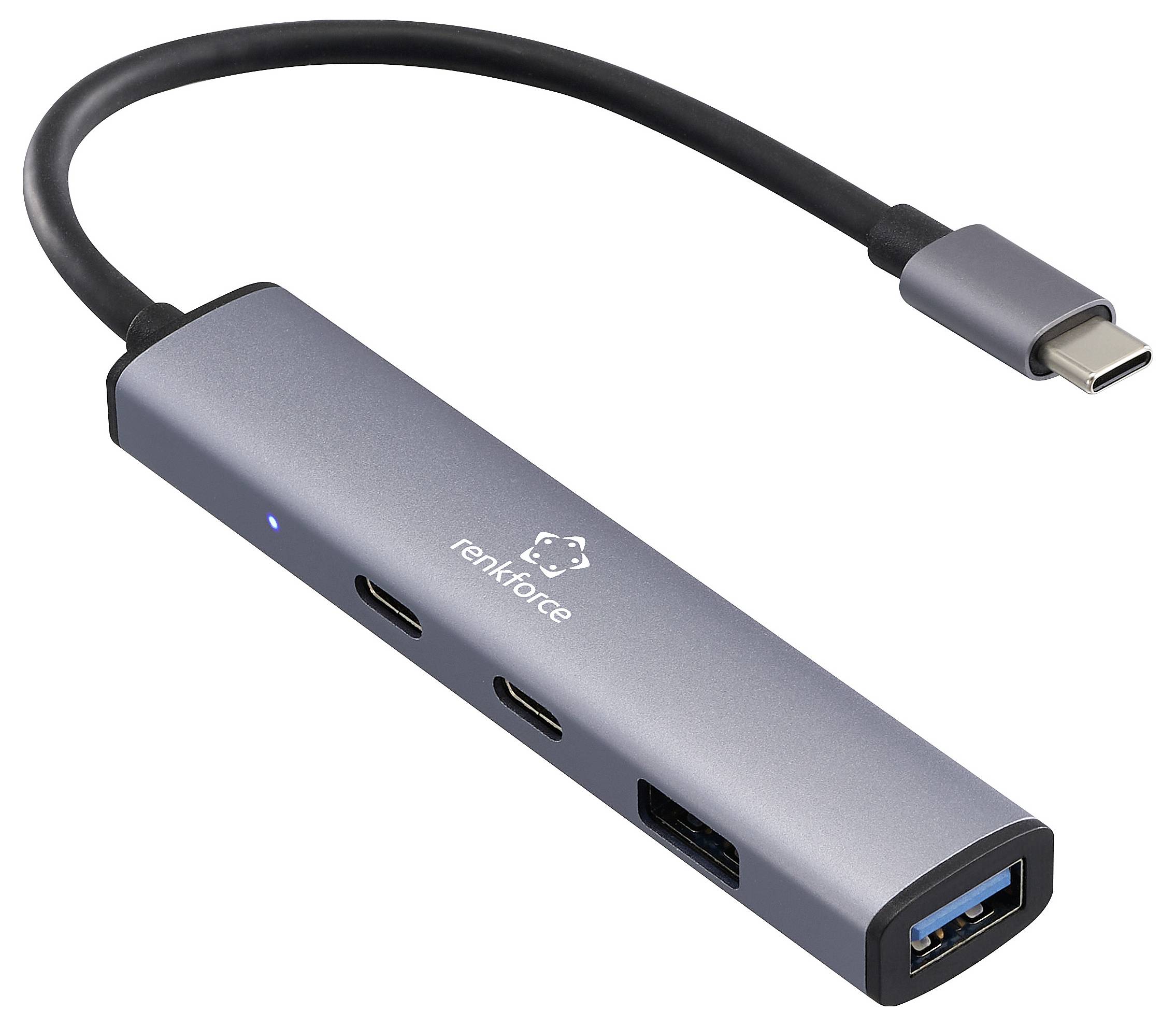 Ein silberner USB-C Multiport-Hub mit mehreren Anschlüssen, einschließlich USB-A, HDMI und anderen Anschlüssen. Ideal zur Erweiterung der Geräteverbindungen.