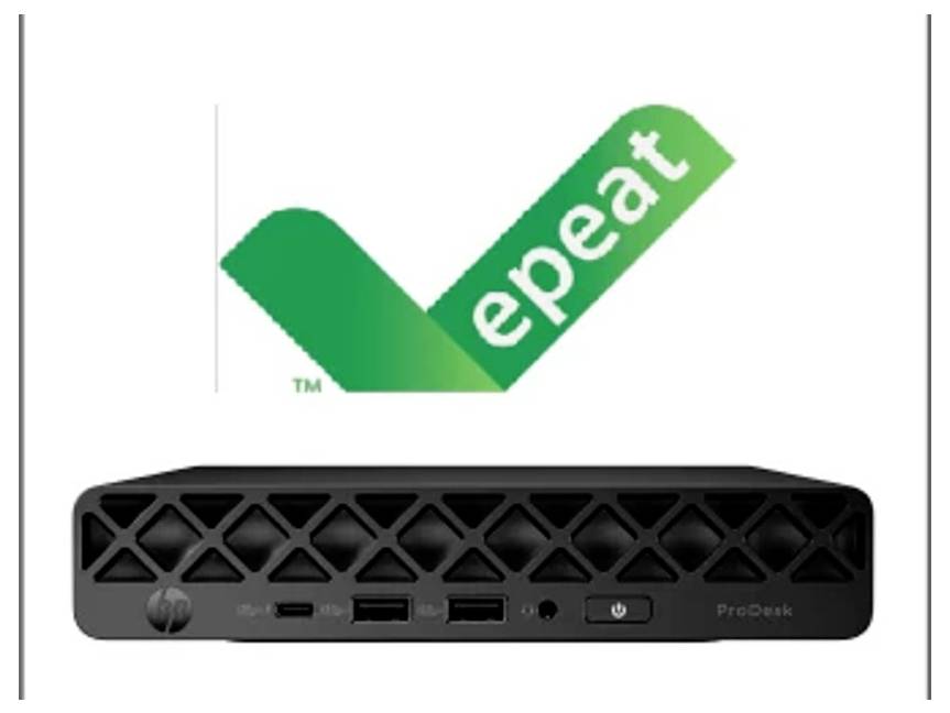 Ein kompakter Computer mit dem 'EPEAT'-Zertifizierungslogo oben, das Umweltfreundlichkeit und Einhaltung von Nachhaltigkeitsstandards anzeigt.