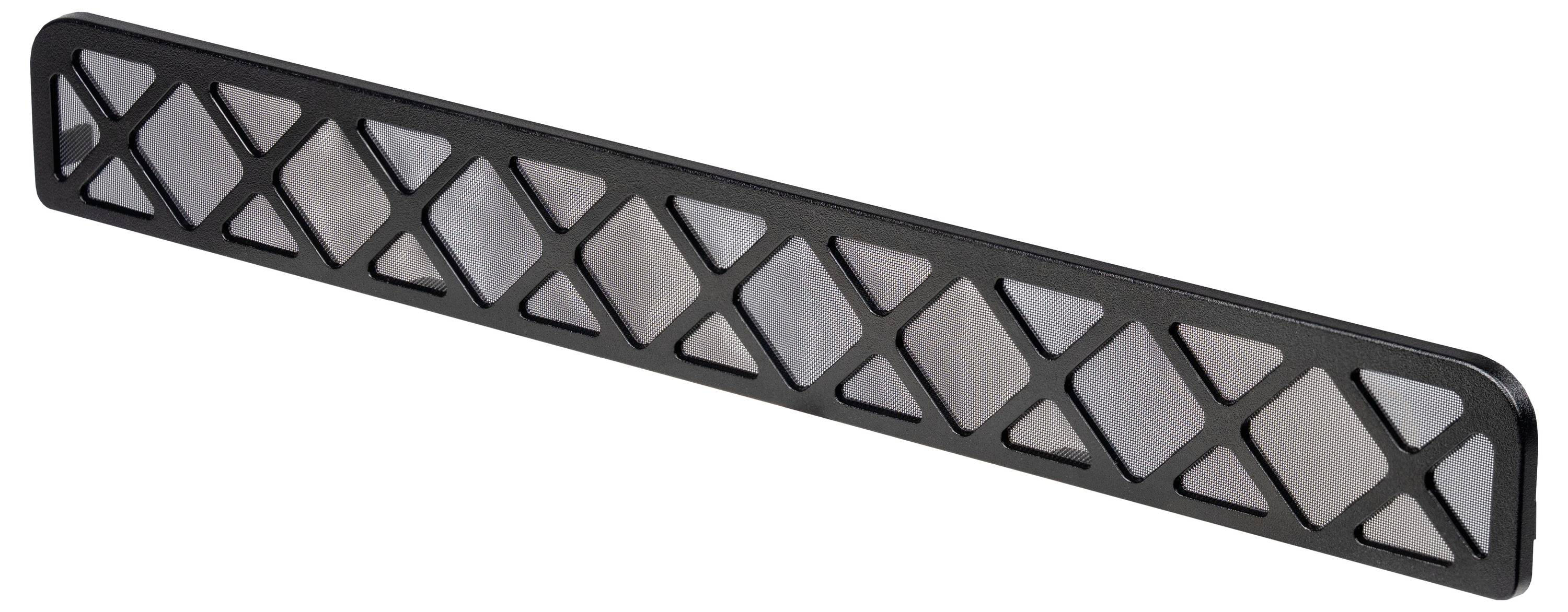 Eine schwarze Kunststoff-Lüftungsblende mit rechteckiger Form und einem X-Muster im Inneren, möglicherweise zur Luftzirkulation oder als dekoratives Element verwendet.