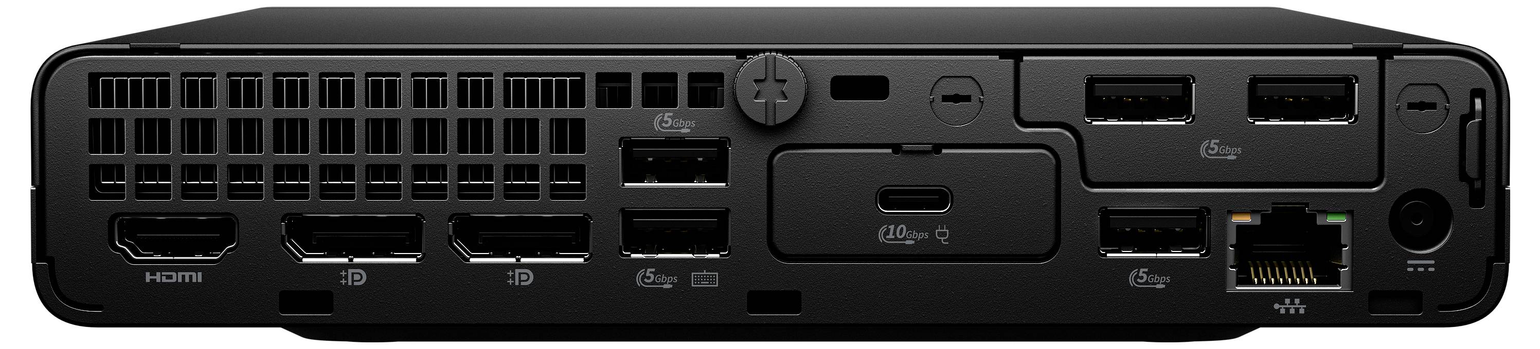Rückansicht eines schwarzen elektronischen Geräts mit mehreren HDMI-Anschlüssen, USB-Anschlüssen, einem Ethernet-Anschluss und verschiedenen anderen Eingabe- und Ausgabeverbindungen.