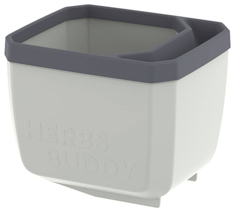 Ein rechteckiger, zweigeteilter Pflanzentopf mit der Aufschrift 'HERBS BUDDY', ideal zum Anpflanzen von Kräutern.