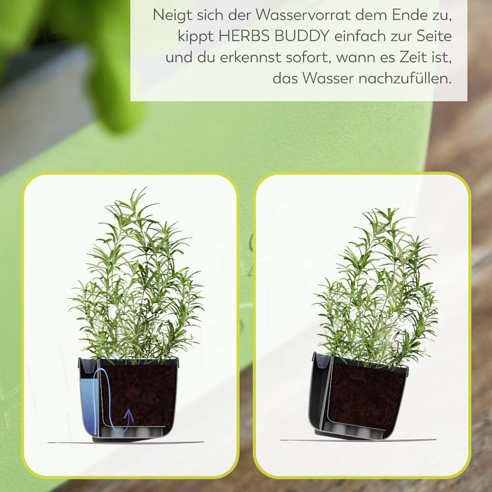'HERBS BUDDY' Pflanztopf mit Anzeigefunktion für Wasservorrat. Links wird Wasser knapp angezeigt, rechts volles Wasserreservoir.