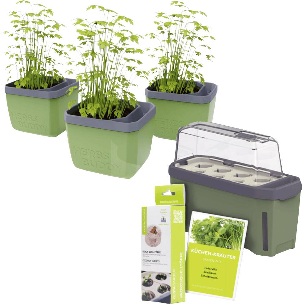 Drei grüne Pflanzkästen mit Kräutern und ein grünes Mini-Gewächshaus mit Verpackung für Küchenkräuter-Anzucht.