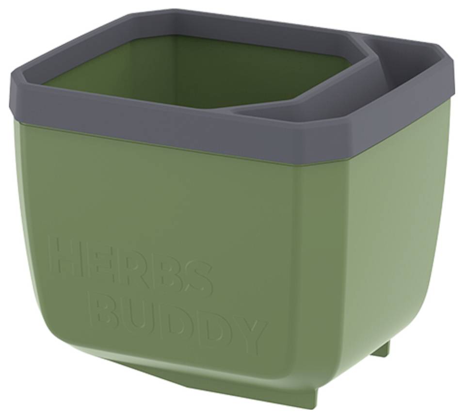 Grüner Pflanzenkübel mit grauem Rand, geprägt mit 'HERBS BUDDY'.