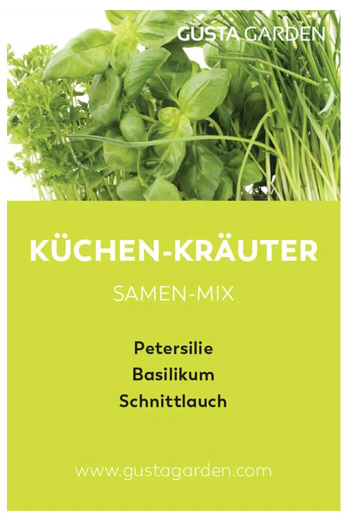 'Küchen-Kräuter Samen-Mix' Verpackung mit Abbildung von Petersilie, Basilikum und Schnittlauch. Webseite: www.gustagarden.com.