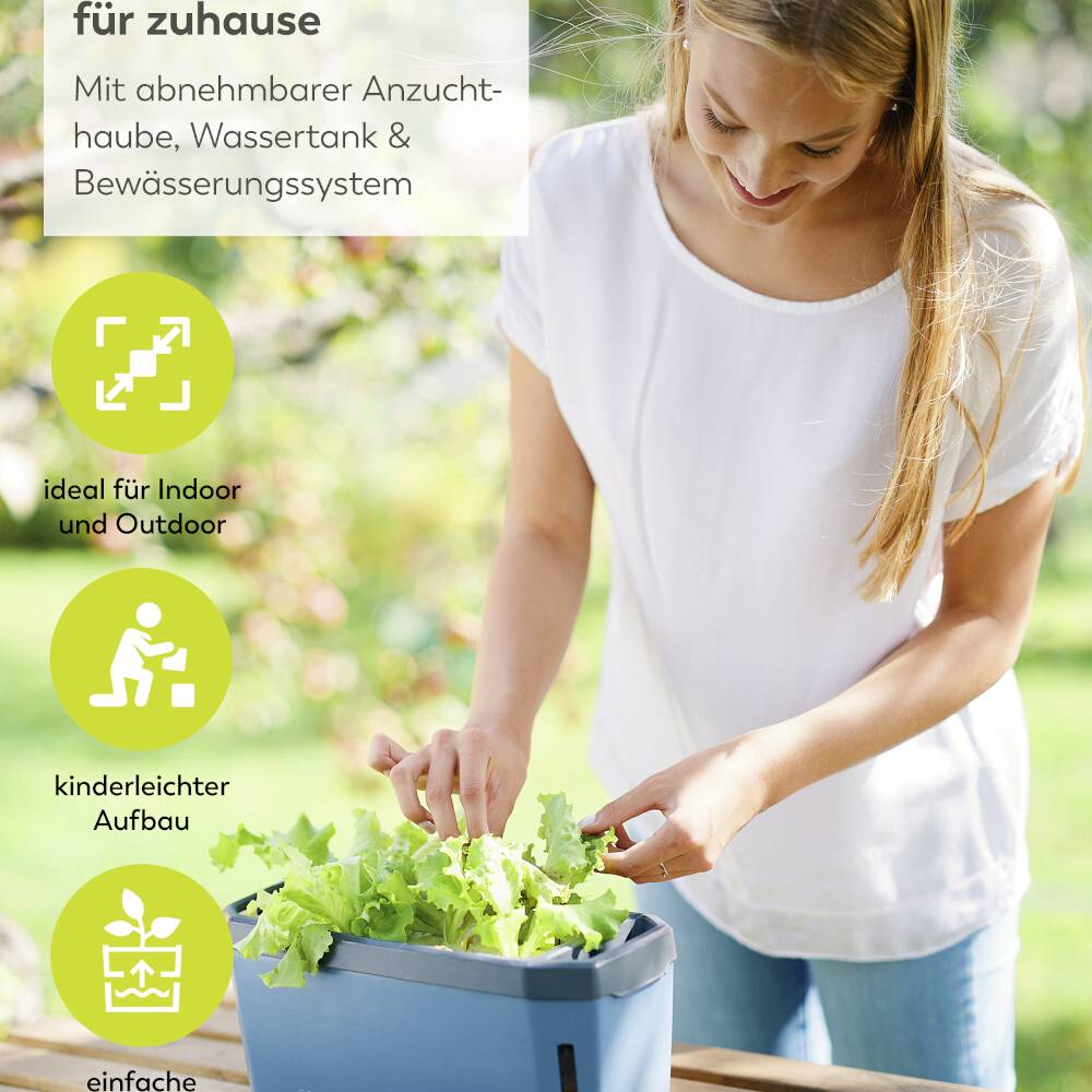 Eine Person pflanzt Salat in einem blauen Pflanzkasten mit einem Icon-fokussierten Display, das Anzuchtsysteme zeigt. Ideal für drinnen und draußen.