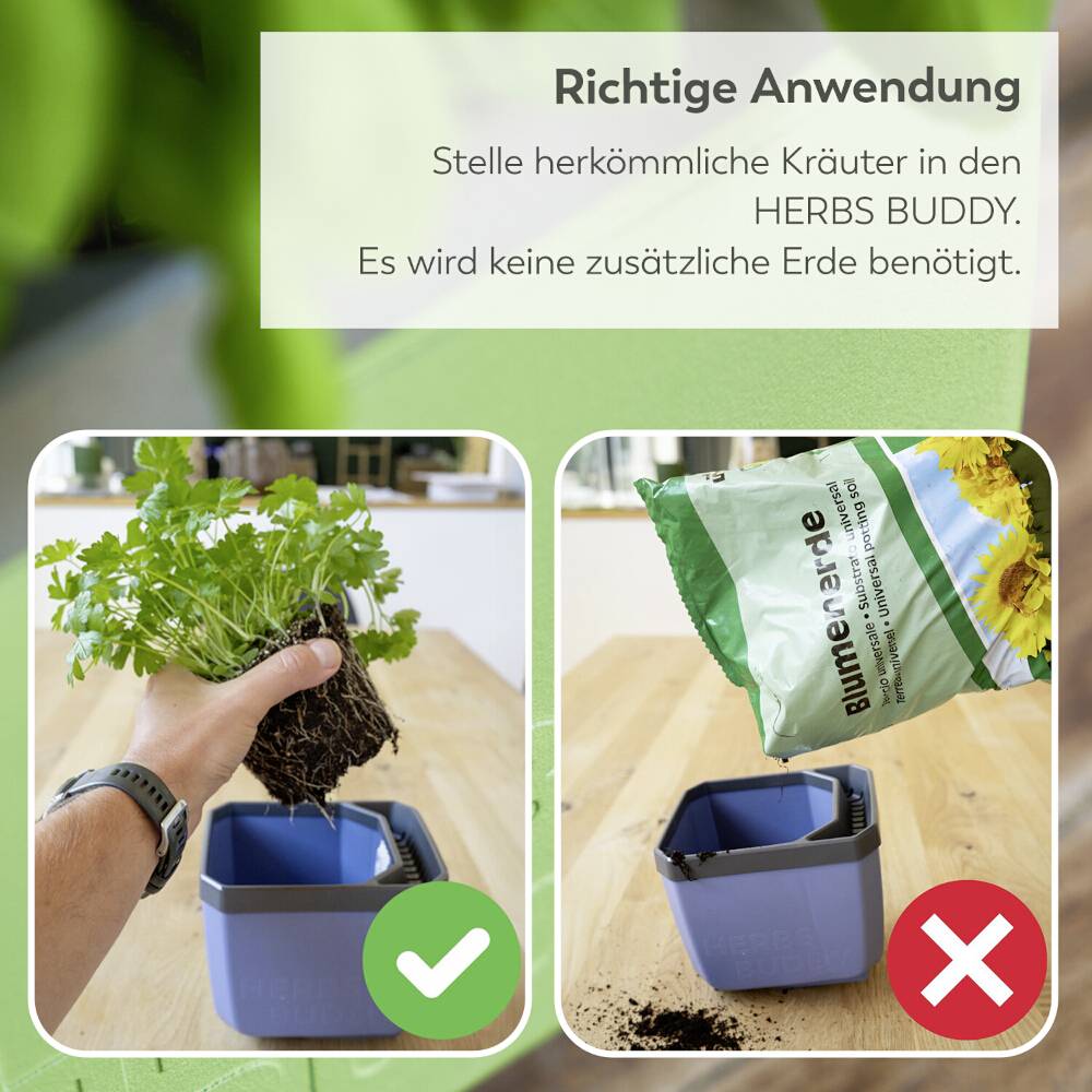 'Richtige Anwendung: Stelle herkömmliche Kräuter in den HERBS BUDDY. Es wird keine zusätzliche Erde benötigt.' Links ein Topf mit einem Häkchen, rechts ein Kreuz.