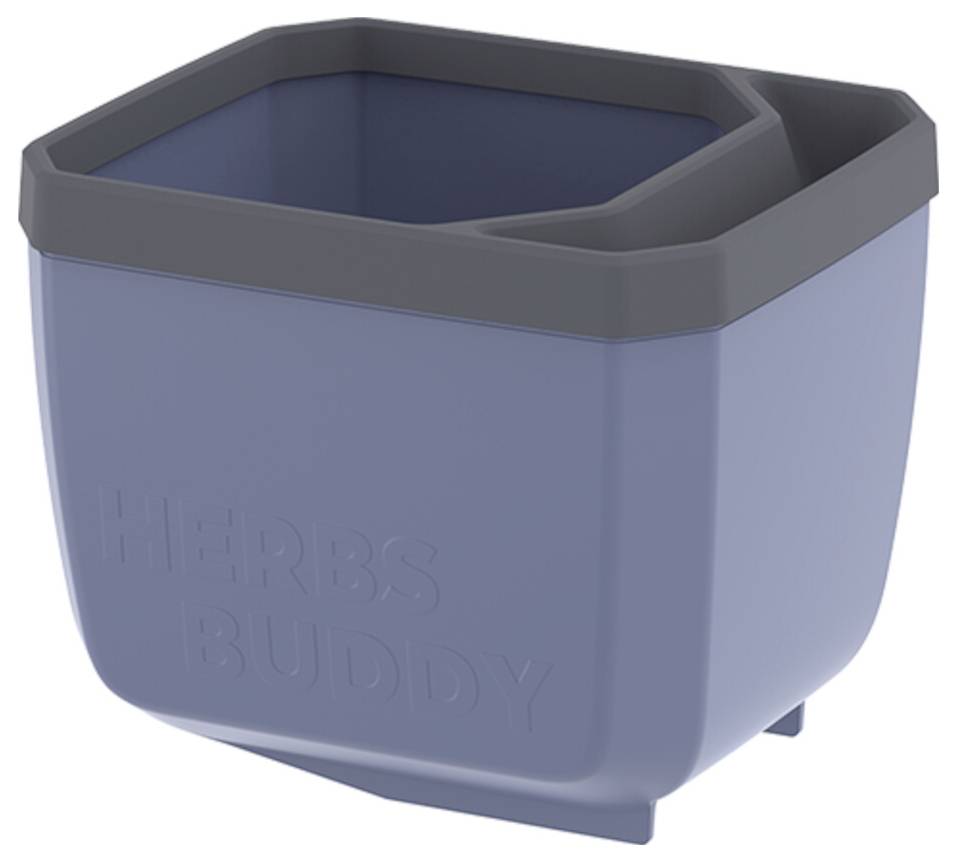 Blauer Pflanzentopf mit dunklem Rand, geprägt mit 'HERBS BUDDY'. Ideal für Kräuteranbau in Innenräumen.