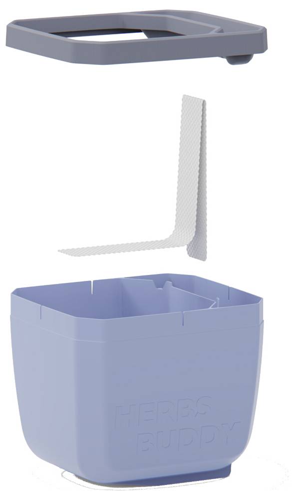 Ein blauer Kräutertopf mit abnehmbarem Deckel und Einsatz zur Unterstützung des Wachstums von Pflanzen.