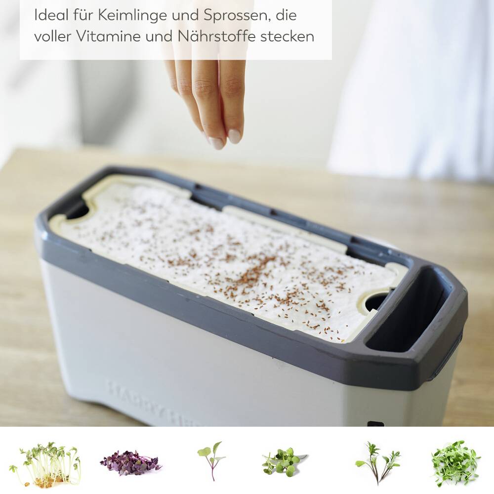 Eine Hand öffnet einen Behälter zum Keimen und Sprossen. Text im Bild: 'Ideal für Keimlinge und Sprossen, die voller Vitamine und Nährstoffe stecken.'