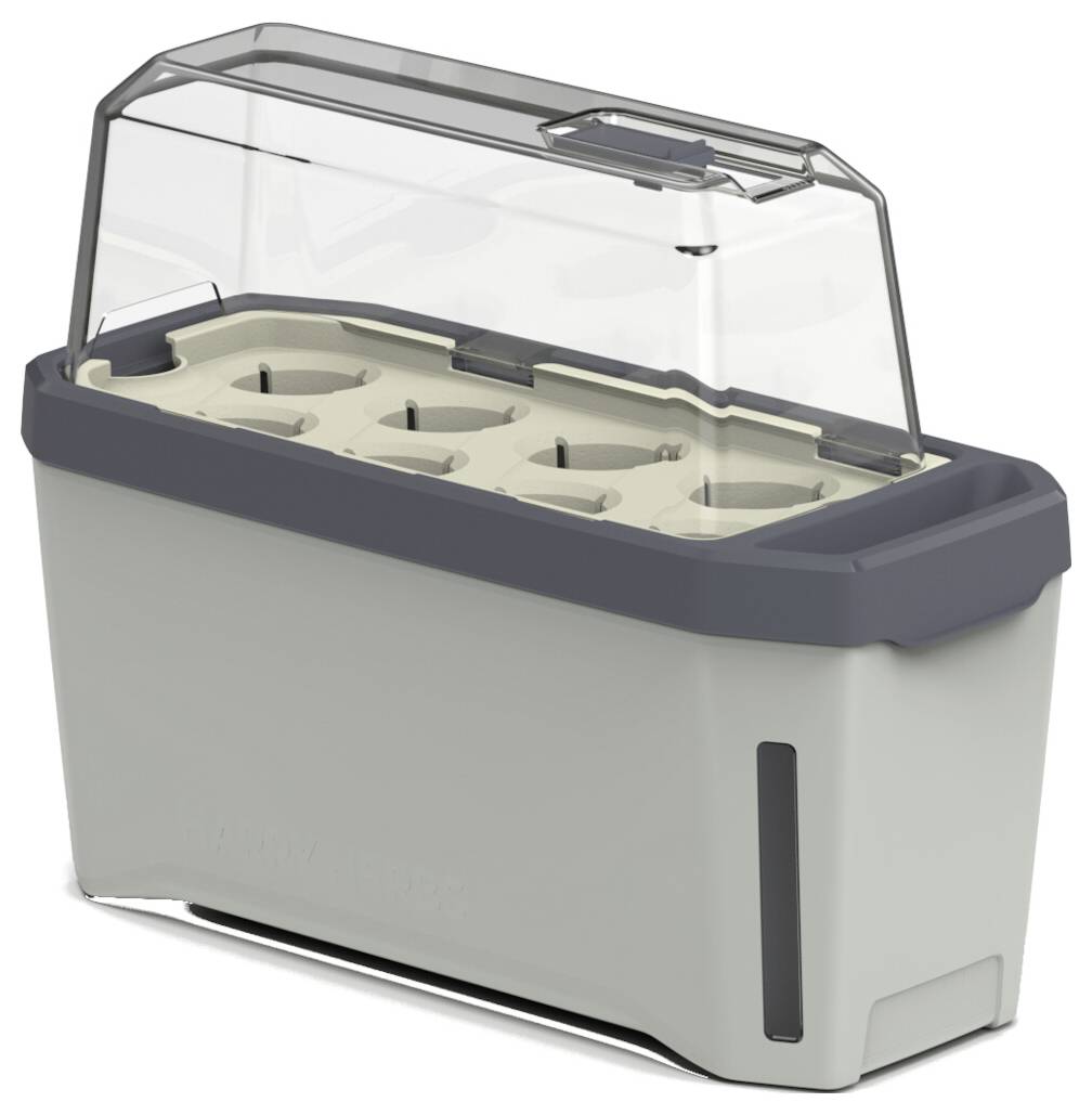 Graue Box mit durchsichtigem Deckel, enthält sechs Pflanzplätze für Anzucht. Behälter hat Wasserstandsanzeige seitlich.
