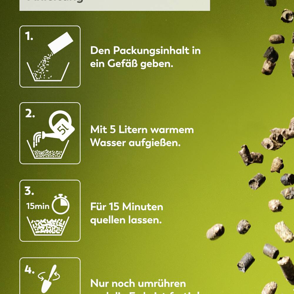 Anleitung zum Zubereiten von Futter: 1. Inhalt in Gefäß. 2. 5 L warmes Wasser zugeben. 3. 15 Min quellen lassen. 4. Umrühren.