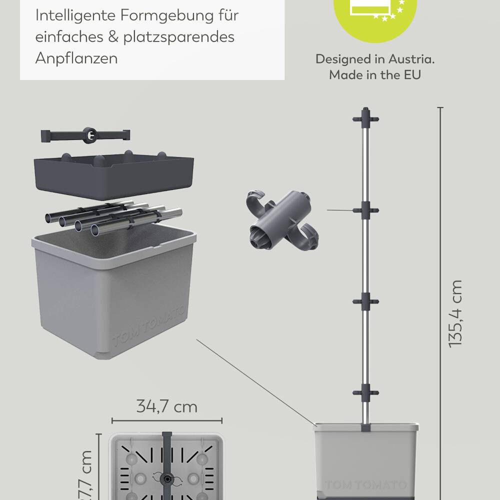 'Intelligente Umgebung für einfaches & platzsparendes Anpflanzen'. Abbildung eines vertikalen Pflanzsystems mit den Maßen 135,4 cm x 37,6 cm.