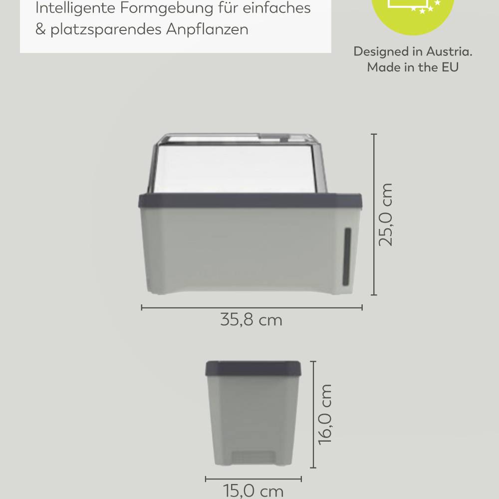 Grauer Pflanzbehälter mit 35,8 cm Länge, 16 cm Breite, 25 cm Höhe. Aufschrift: 'Designed in Austria. Made in the EU'.