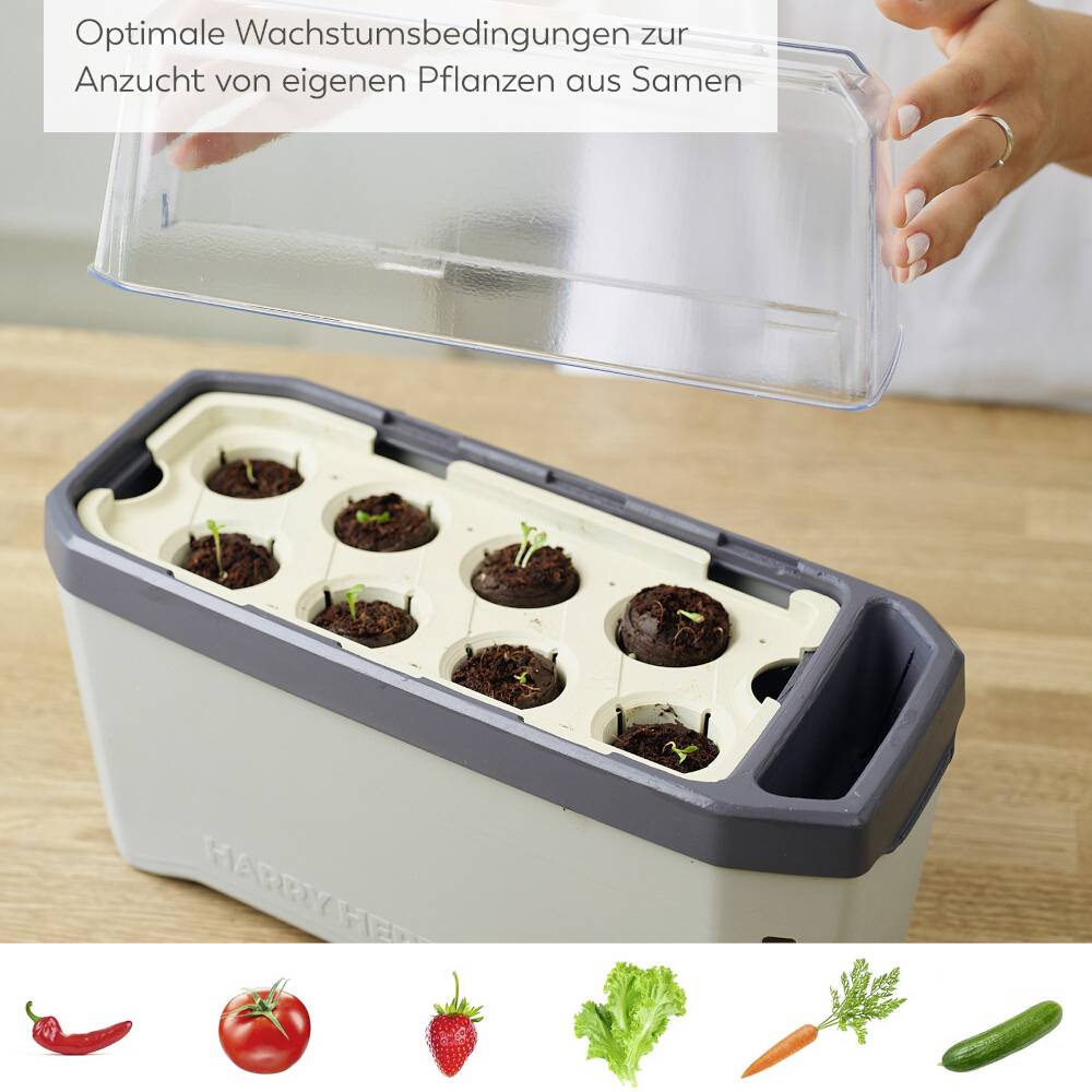 'Wenn sich der Wasservorrat dem Ende zuneigt, kippt der HERBS BUDDY nach vorne.' Bild zeigt einen Kräutertopf zur Verdeutlichung.