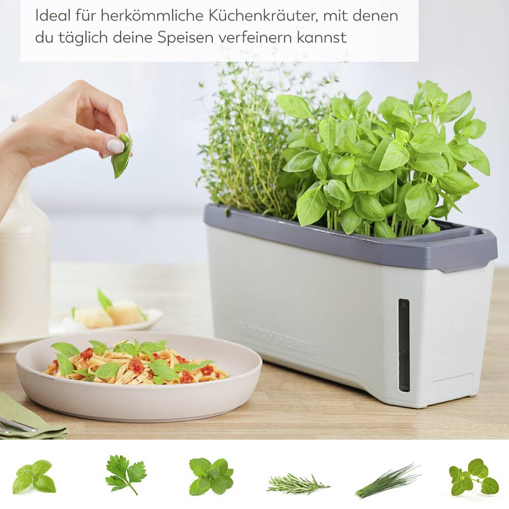 Frau präsentiert einen Indoor-Garten mit abnehmbarer Haube und Bewässerungssystem. Text: 'ideal für Indoor und Outdoor', 'kinderleichter Aufbau'.