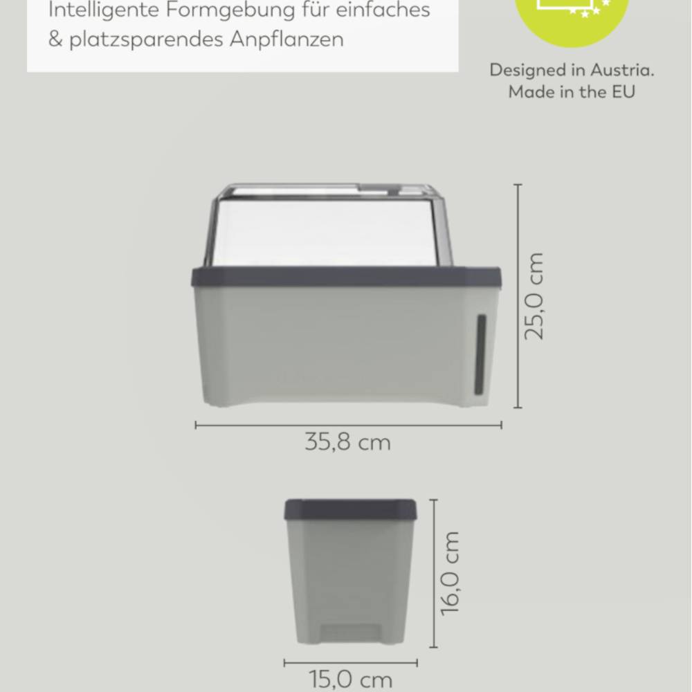 'Intelligente Umgebung für einfaches und platzsparendes Anpflanzen'. Pflanzkasten mit transparentem Deckel, Maße: 35,8 x 15,0 x 25,0 cm. Made in Austria.