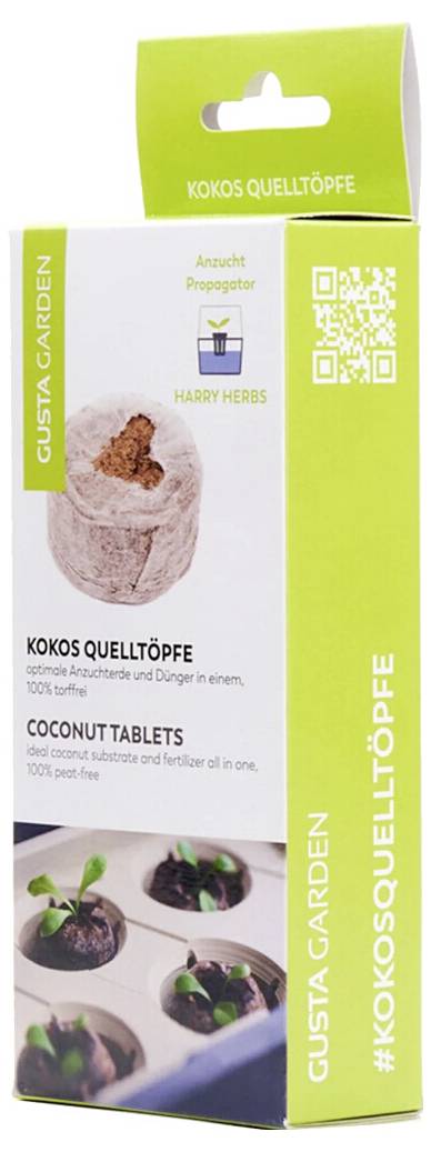 Packung mit Kokos-Quelltöpfen von Gusta Garden, abgebildet mit Setzlingen. Enthält Aufzuchtanleitung. Geeignet für Anzucht und Düngung.