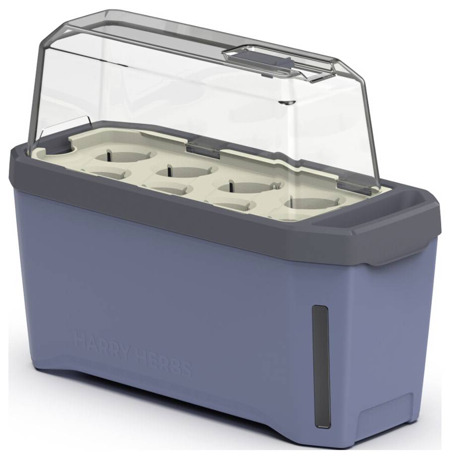 Pflanzenanzuchtkasten mit transparentem Deckel, sechs Pflanztöpfen und Wasserstandsanzeige; blau-grau und beige gestaltet.