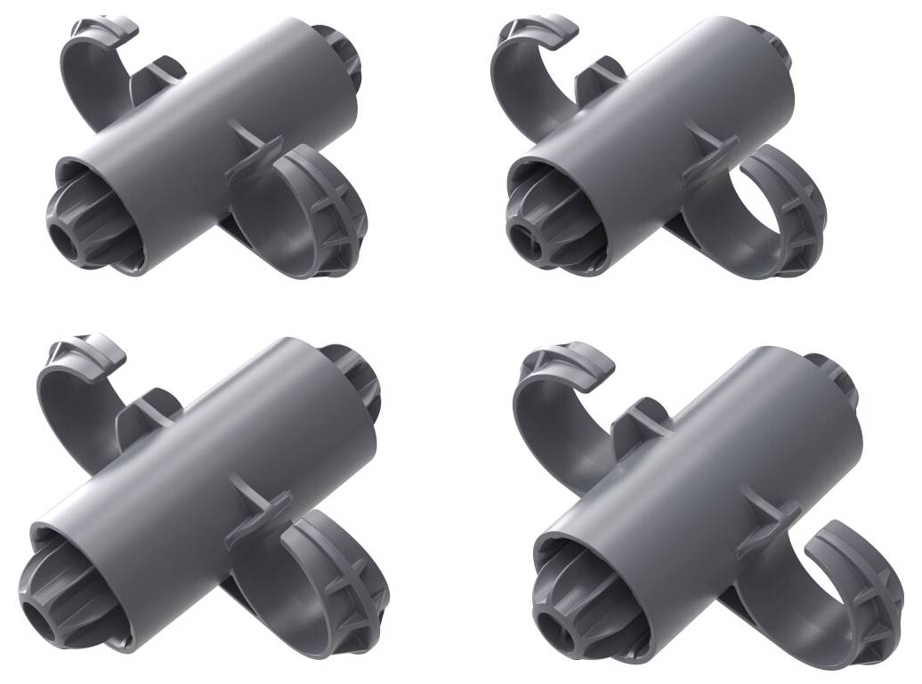 Vier graue, zylindrische Verbinder, jeweils mit seitlichen Clips und Ringen, auf weißem Hintergrund angeordnet.