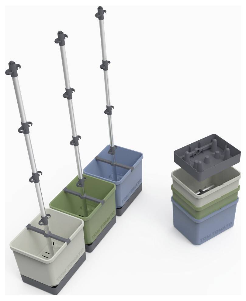 Drei nebeneinander stehende Wischeimer in verschiedenen Farben mit ausziehbaren Stangen; daneben gestapelte leere Eimer.