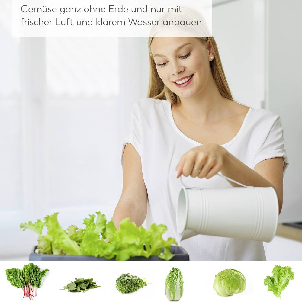 Eine Frau gießt Gemüse, das in einem modernen Hydrokultursystem wächst. Oben im Bild steht der Text: 'Gemüse ganz ohne Erde und nur mit frischer Luft und klarem Wasser anbauen'.