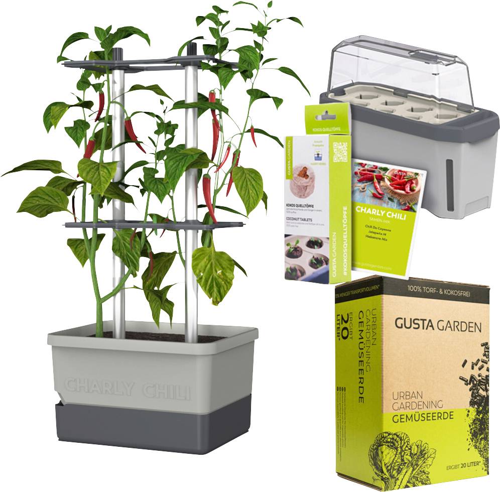 Pflanzenset mit Chilipflanze im Anzuchtbehälter, Zubehör und Anzuchterde. Ideal für urbanen Gartenanbau.