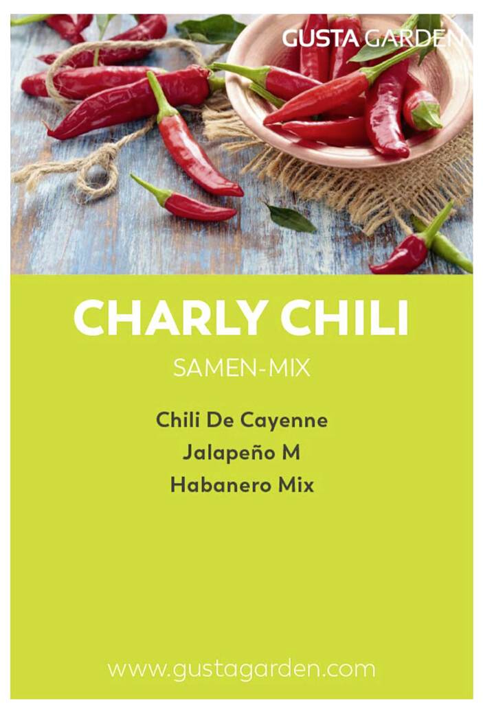 Werbung für Charly Chili Samen-Mix von Gusta Garden. Enthält Sorten: Chili De Cayenne, Jalapeño M, Habanero Mix.