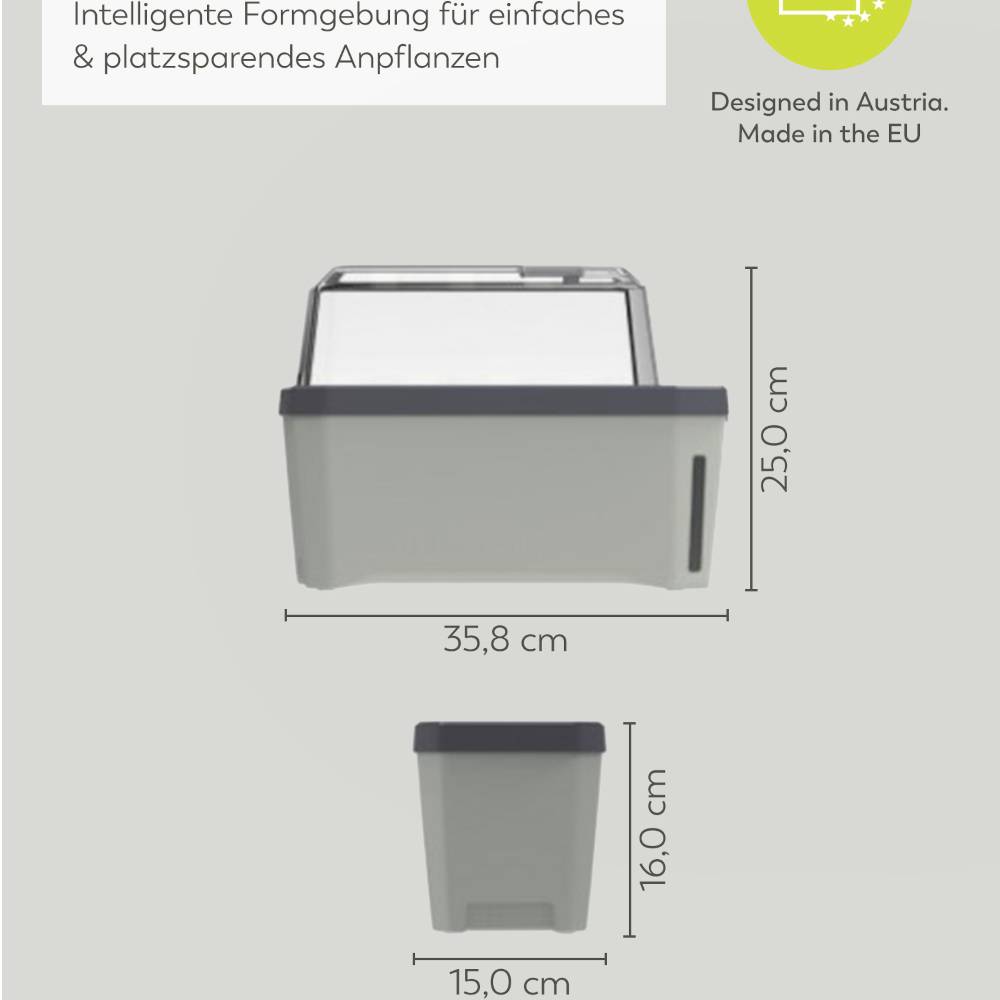 'Intelligente Formgebung für einfaches & platzsparendes Anpflanzen' zeigt eine rechteckige Pflanzbox mit Deckel und Maße in cm.