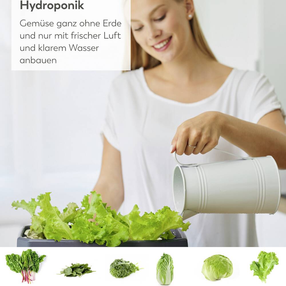 Eine Frau gießt Pflanzen in einem hydroponischen System. Oben steht: Hydroponik - Gemüse ohne Erde mit frischer Luft und klarem Wasser.