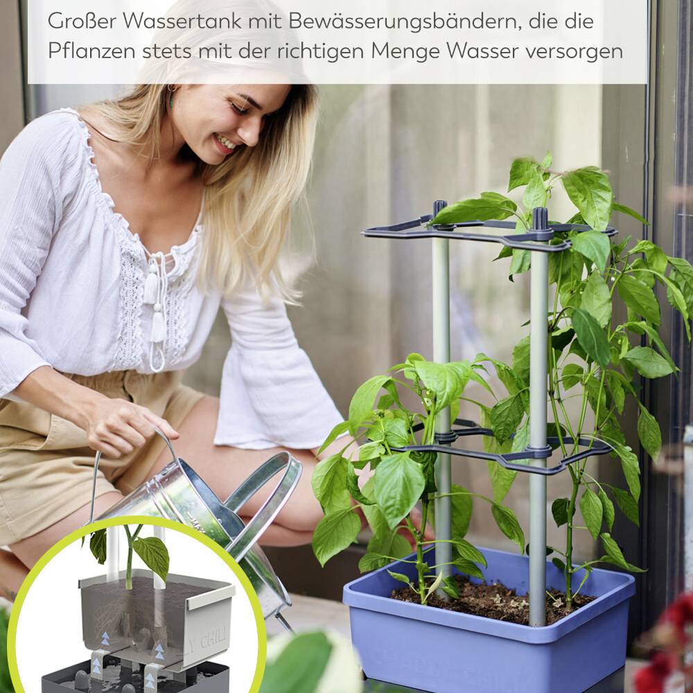 Frau gießt Pflanzen in einem Indoor-Wassertank. Text beschreibt effiziente Bewässerungstechnologie, um Pflanzen optimal zu versorgen.