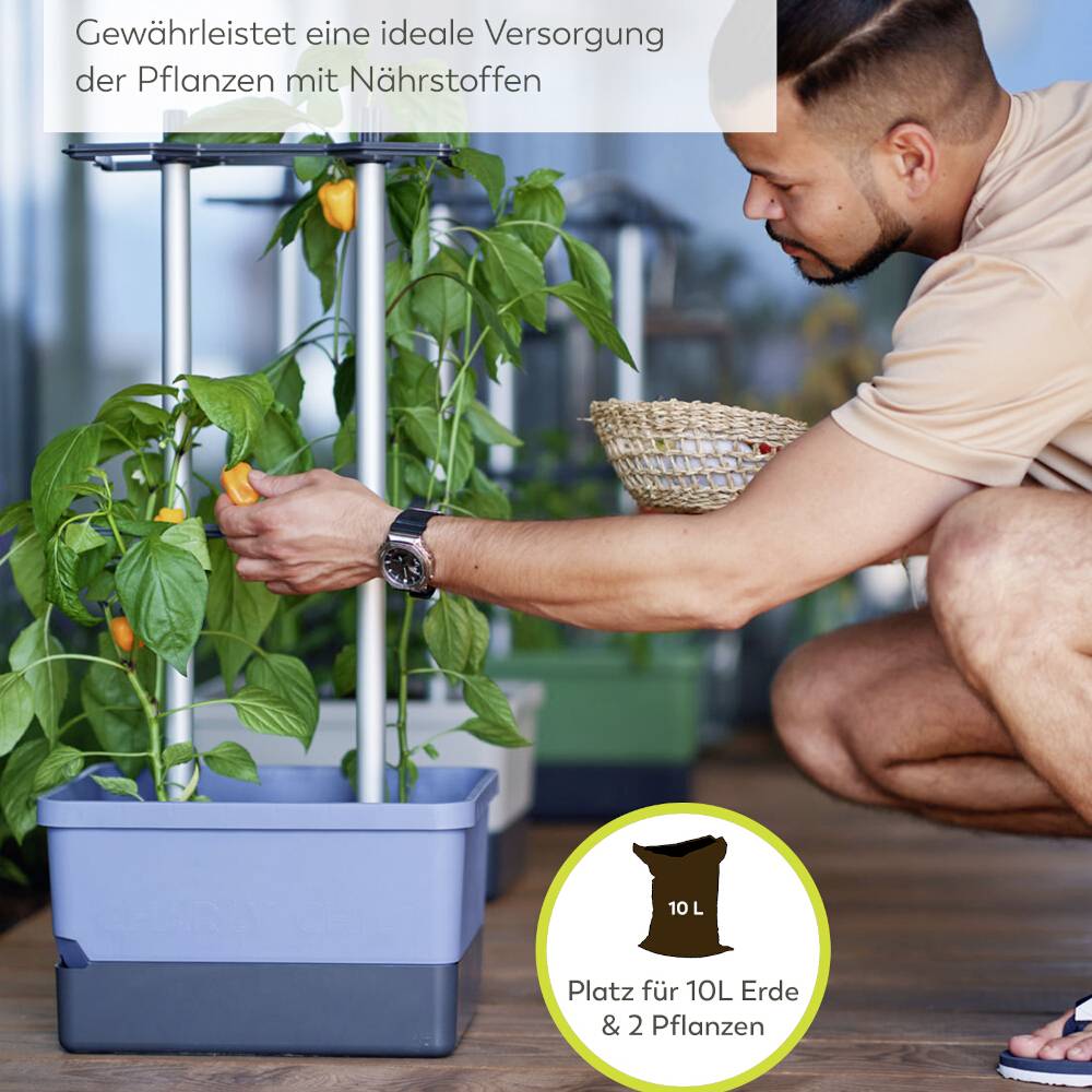 Eine Person pflegt Pflanzen in einem Topf, optimal für zwei Pflanzen und 10L Erde. Ein Schild zeigt die Vorteile für Nährstoffversorgung.