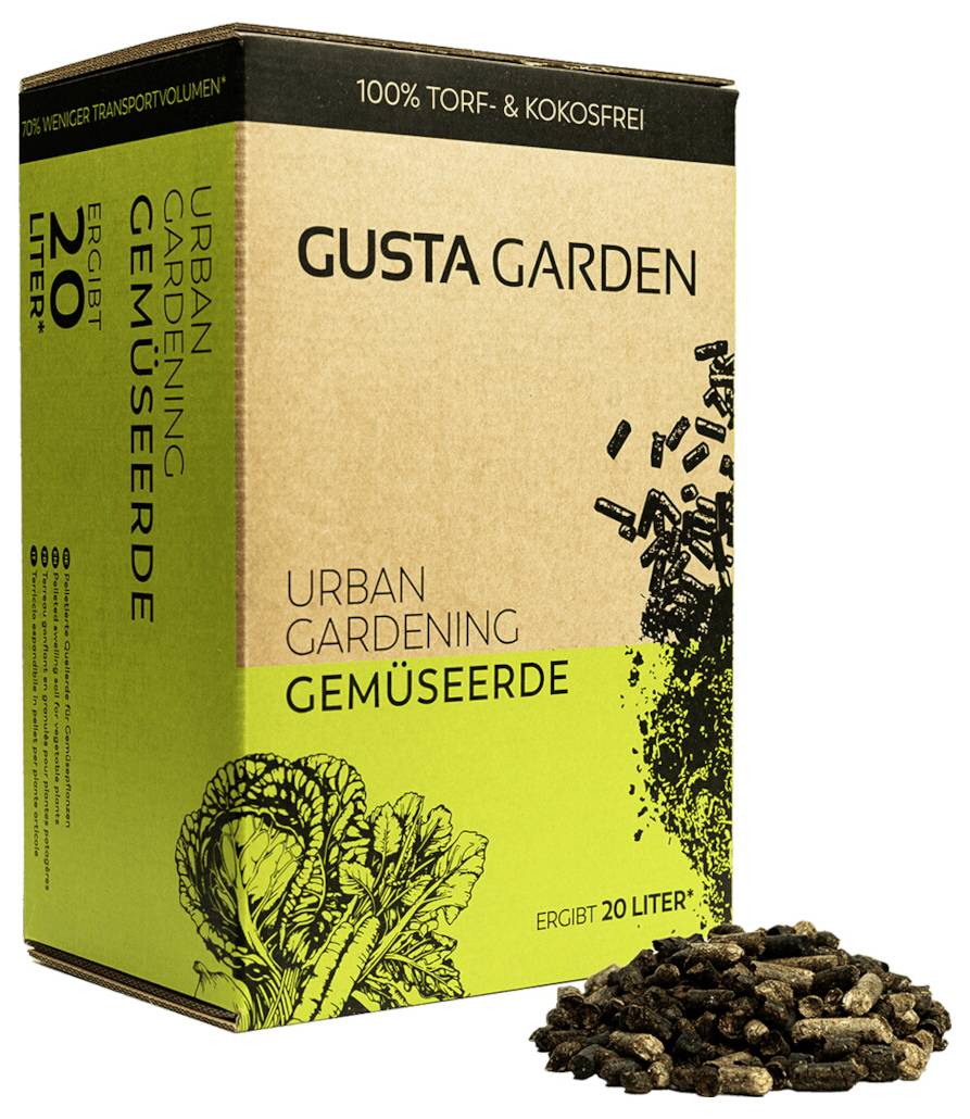 Verpackung für 'Gusta Garden Urban Gardening Gemüseerde'. 100 % torf- und kokosfrei, ergibt 20 Liter. Bild von Erde neben der Box.