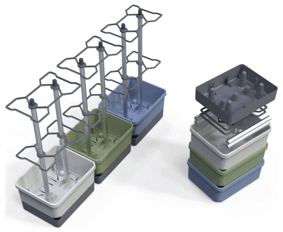 Fünf stapelbare Pflanzenbehälter in verschiedenen Farben. Zwei Reihen sind in einer vertikalen Position montiert.