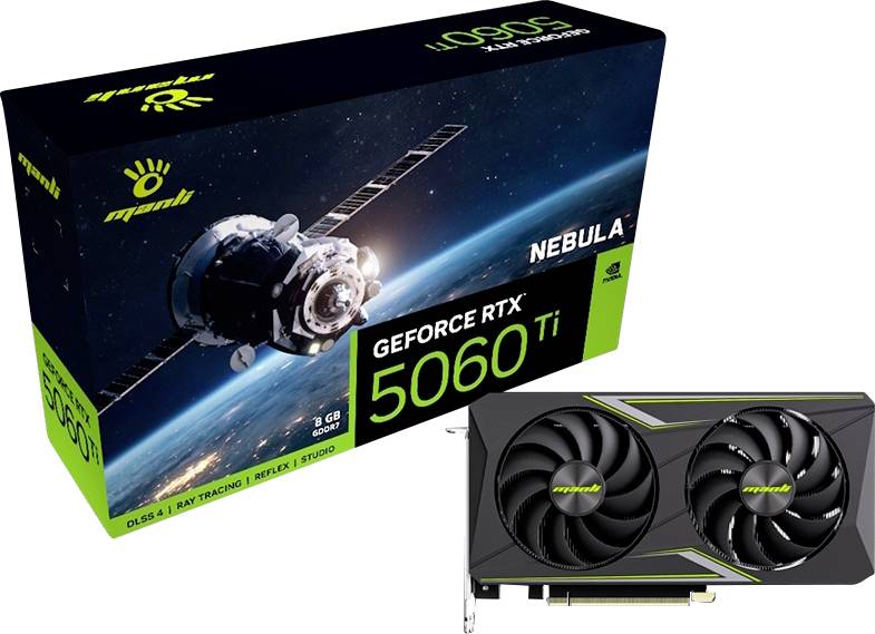 Manli Grafikkarte Nvidia GeForce RTX 5060 Ti Nebula 8GB GDDR7-RAM PCIe x8 HDMI®, DisplayPort Zero-Fan-Modus, NVIDIA G-Sync, Vulkan