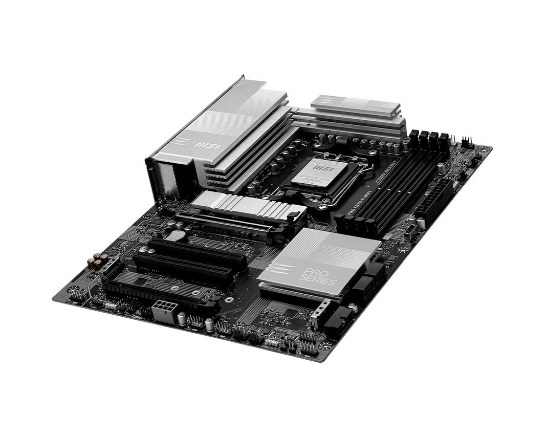 Schwarzes Mainboard mit weißen Kühlkörpern und mehreren Anschlüssen und Steckplätzen, einschließlich CPU-Sockel und RAM-Steckplätzen.
