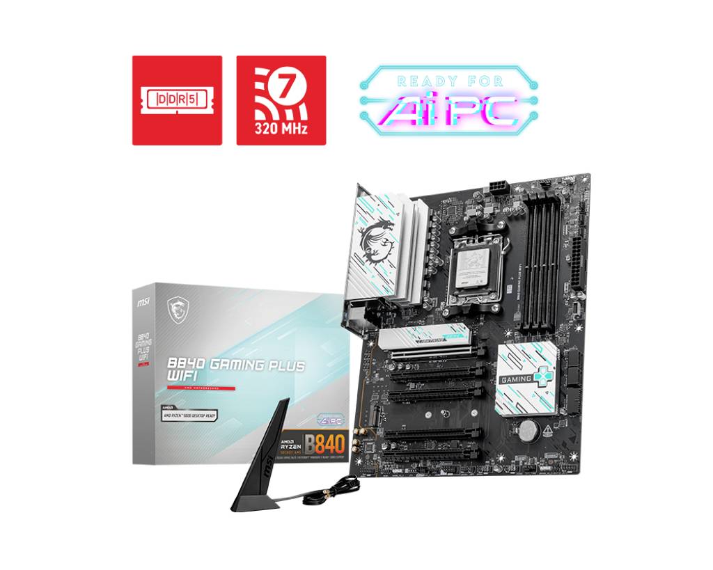 'BB40 Gaming Plus WiFi' Hauptplatine neben Verpackung und Antenne. Logos oben: DDR5, 320 MHz, Ready for AI PC. Hauptplatinen-Details sichtbar.