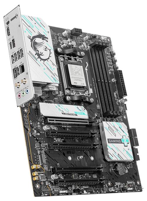 Das Bild zeigt ein Gaming-Motherboard mit mehreren PCIe-Steckplätzen, RAM-Sockeln und Kühlkörpern. Es hat ein stilisiertes Logo.