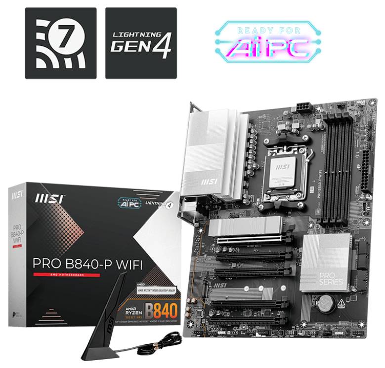 MSI PRO B840M-P WIFI6E AM5 mATX MB Mainboard Sockel (PC) AMD® AM5 Formfaktor (Details) Micro-ATX Mainboard-Chipsatz AMD® B840