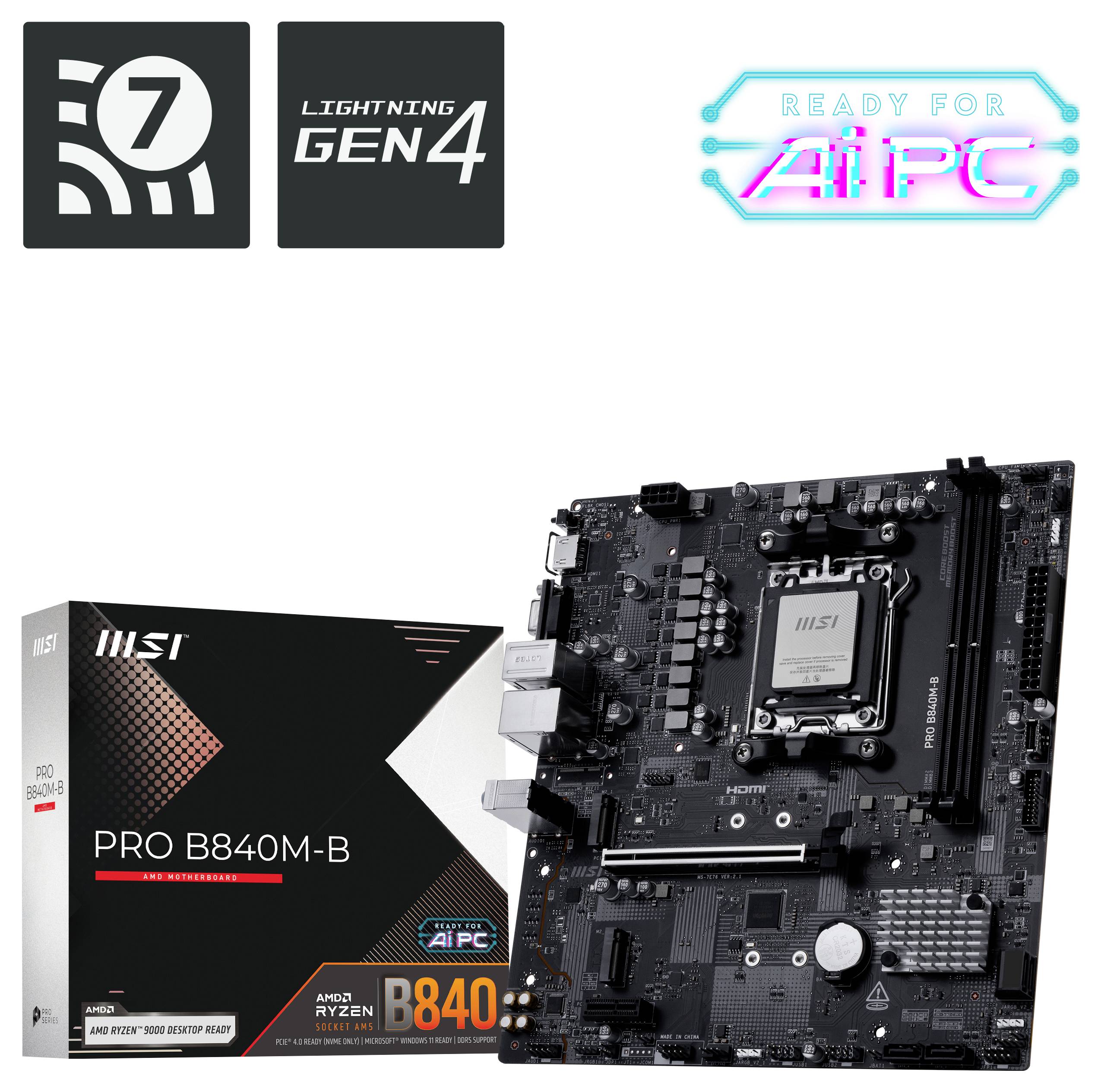 MSI PRO B840M-B Mainboard mit Lightning Gen4-Unterstützung, gezeigt mit seiner Verpackung. Kompatibel mit AMD Ryzen 7000 Series, KI-PC bereit.