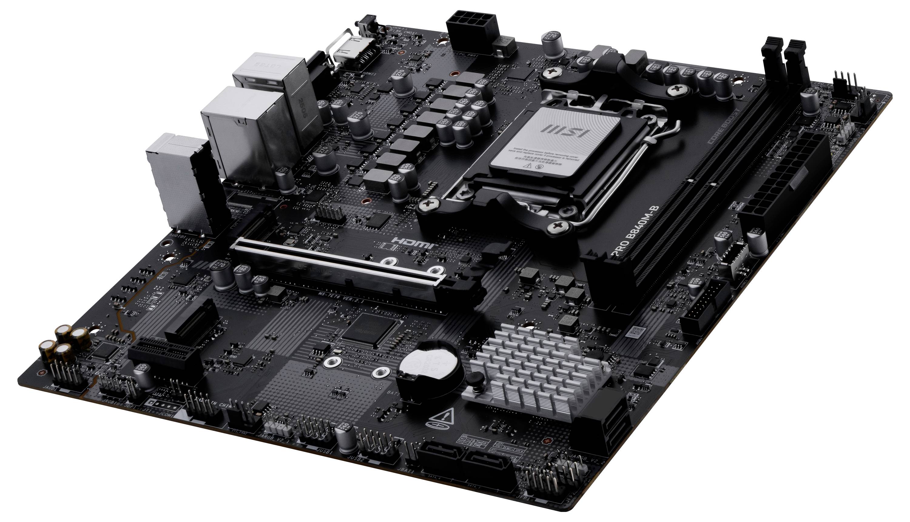 Eine Computermotherboard mit verschiedenen Steckplätzen und Anschlüssen liegt auf einer weißen Oberfläche und zeigt ihre komplexen elektronischen Komponenten.