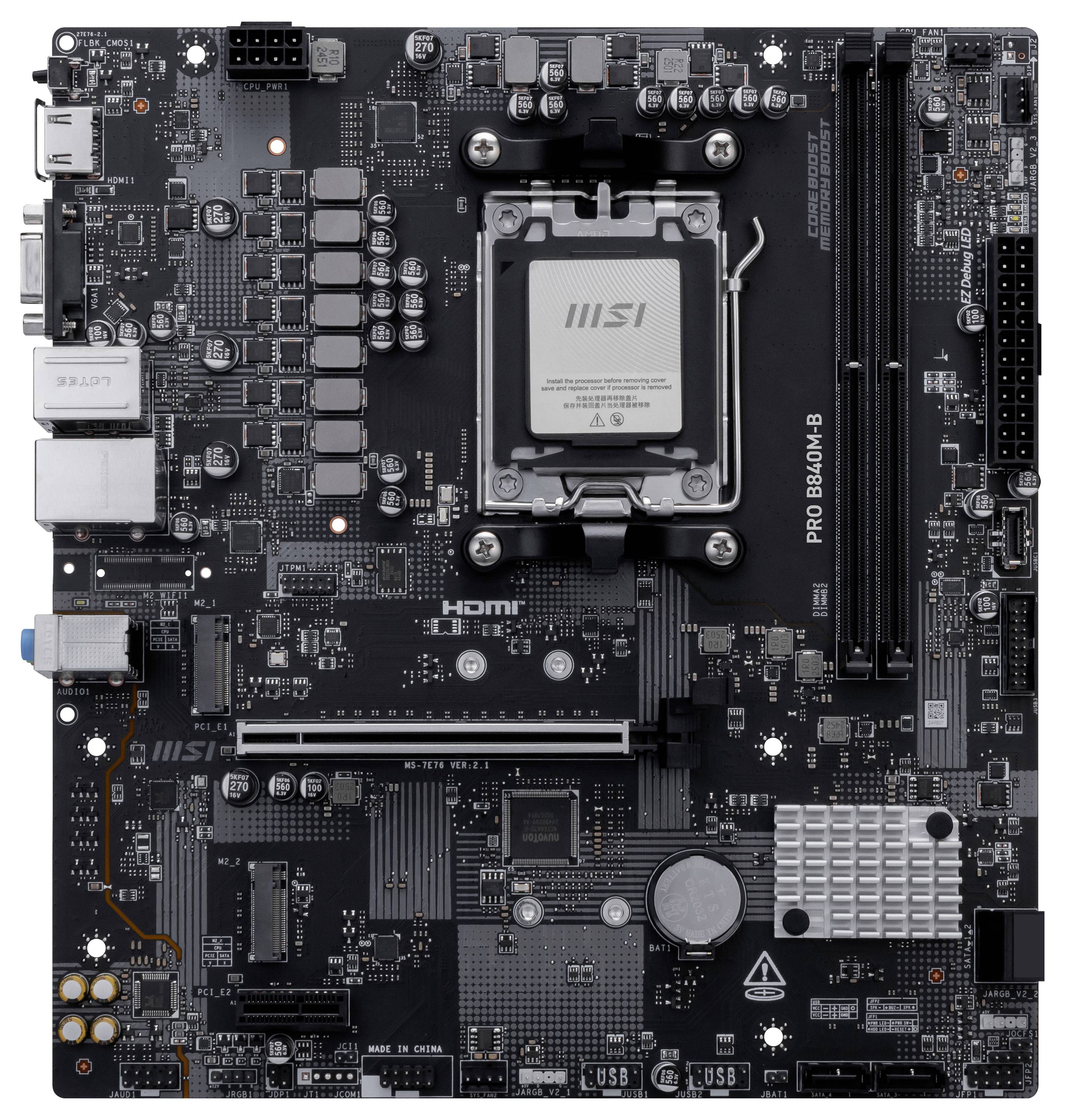 Eine Hauptplatine mit einem CPU-Sockel, mehreren Steckplätzen für RAM und Erweiterungskarten, verschiedenen beschrifteten Anschlüssen und Steckverbindern.