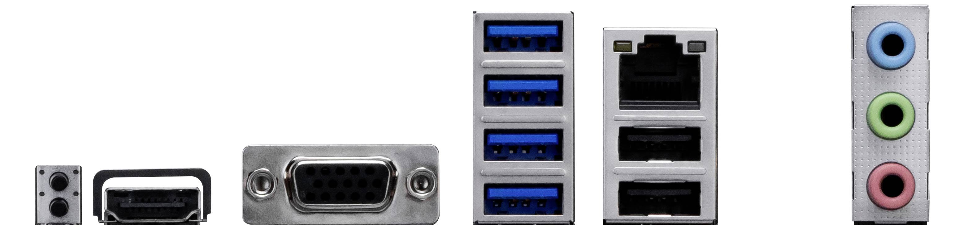 „Bild zeigt eine Reihe verschiedener Computeranschlüsse: USB, Ethernet, VGA und Audio-Buchsen in unterschiedlichen Größen und Farben.