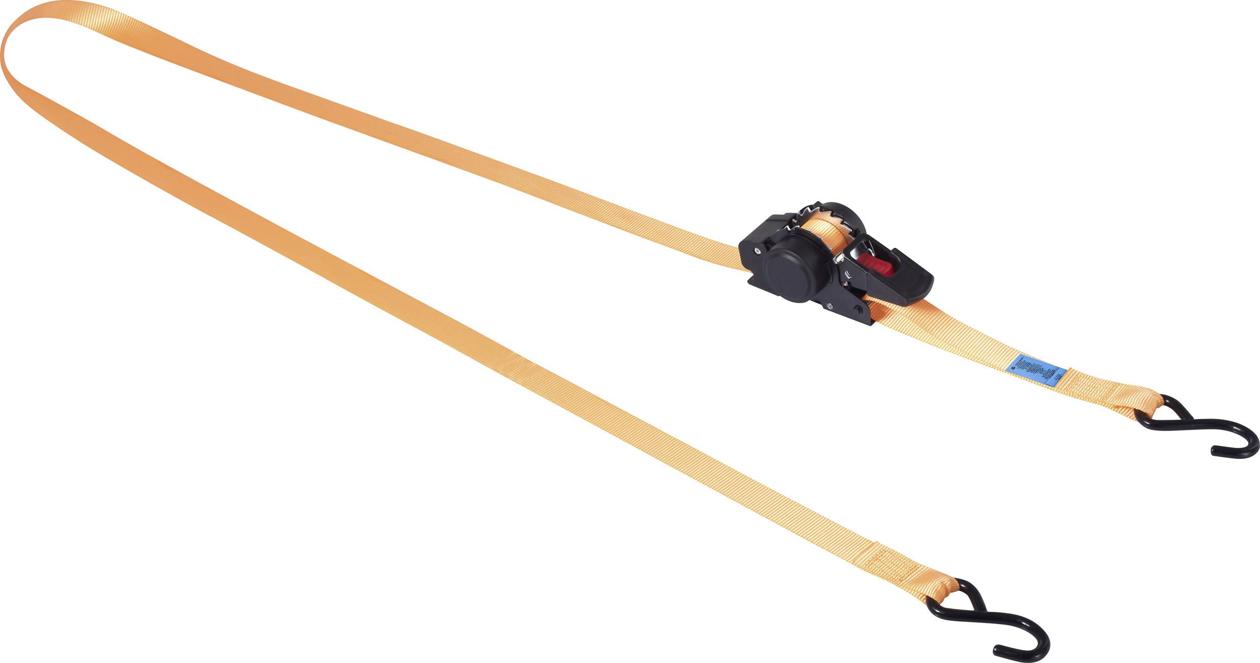 Ein orangefarbener Spanngurt mit schwarzen Haken an beiden Enden und einem Ratschenmechanismus in der Mitte, verwendet zum Sichern von Ladung oder Lasten.