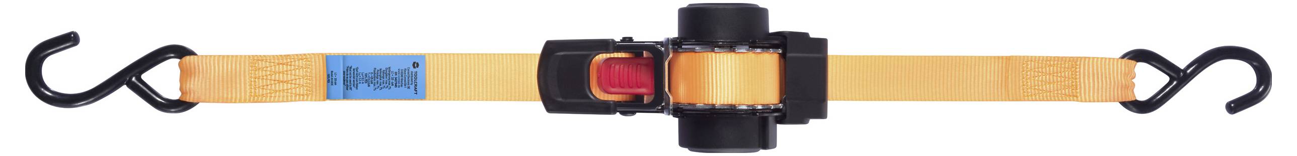 Ein Zurrgurt mit Haken an beiden Enden und einem Spannmechanismus in der Mitte, der zum Sichern und Festzurren von Ladungen während des Transports verwendet wird.