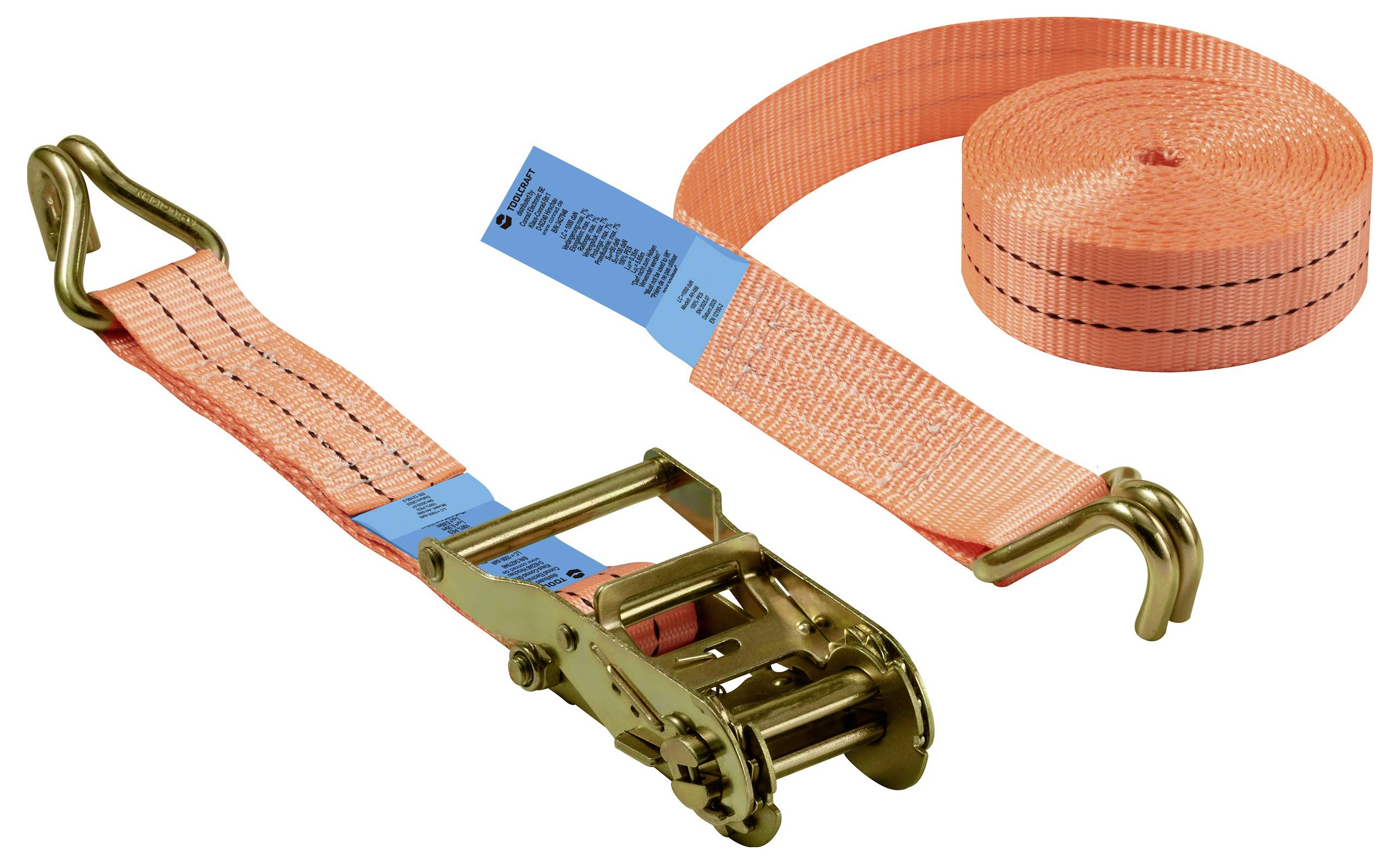 Orangefarbener Zurrgurt mit Metallhaken und blauem Etikett, verwendet zum Sichern von Ladung. Der Gurt ist teilweise aufgerollt und zeigt seine Flexibilität.