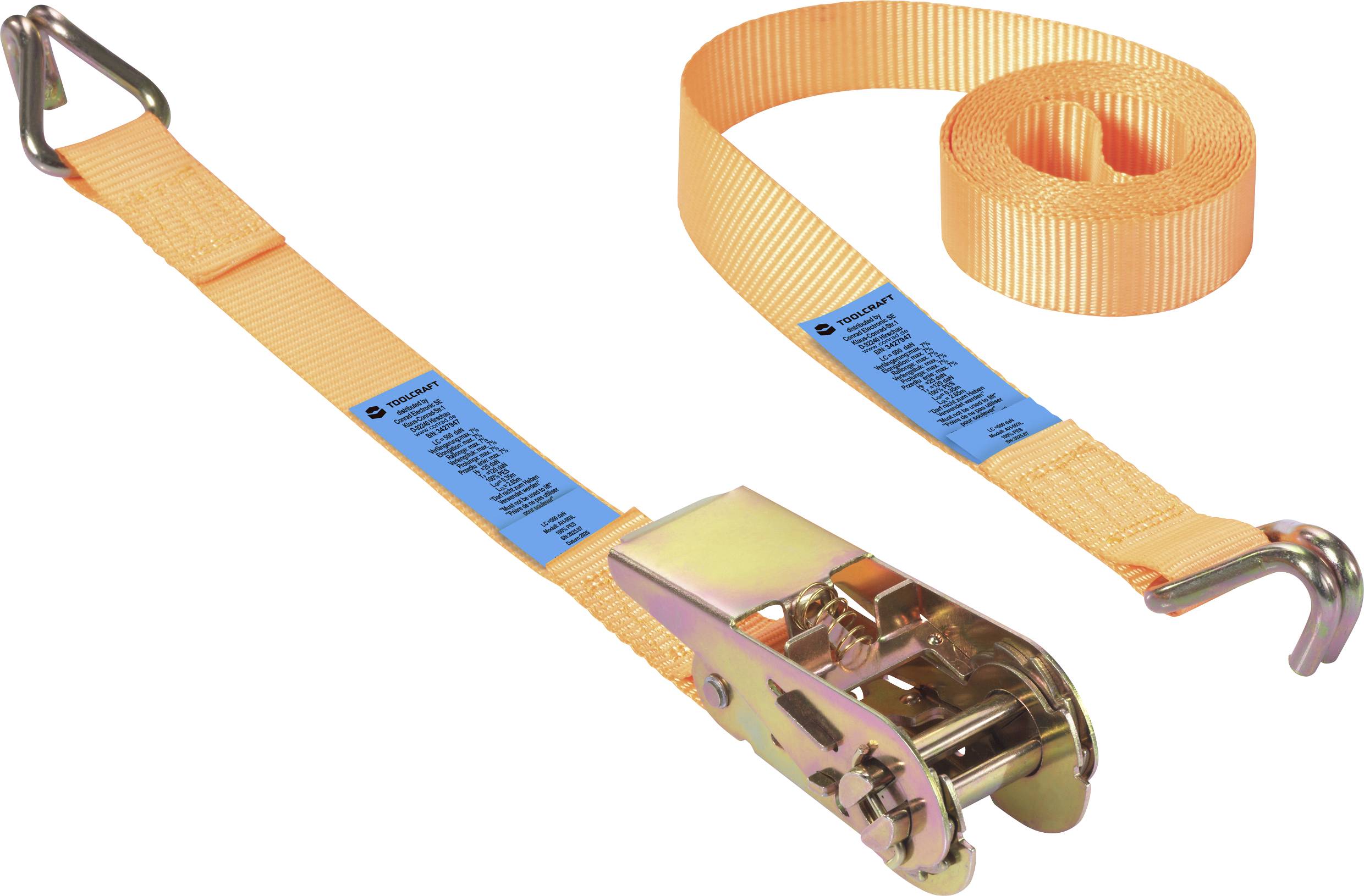 Ein orangefarbener Spanngurt mit Haken und einem blauen Etikett, verwendet zum Sichern von Ladung.