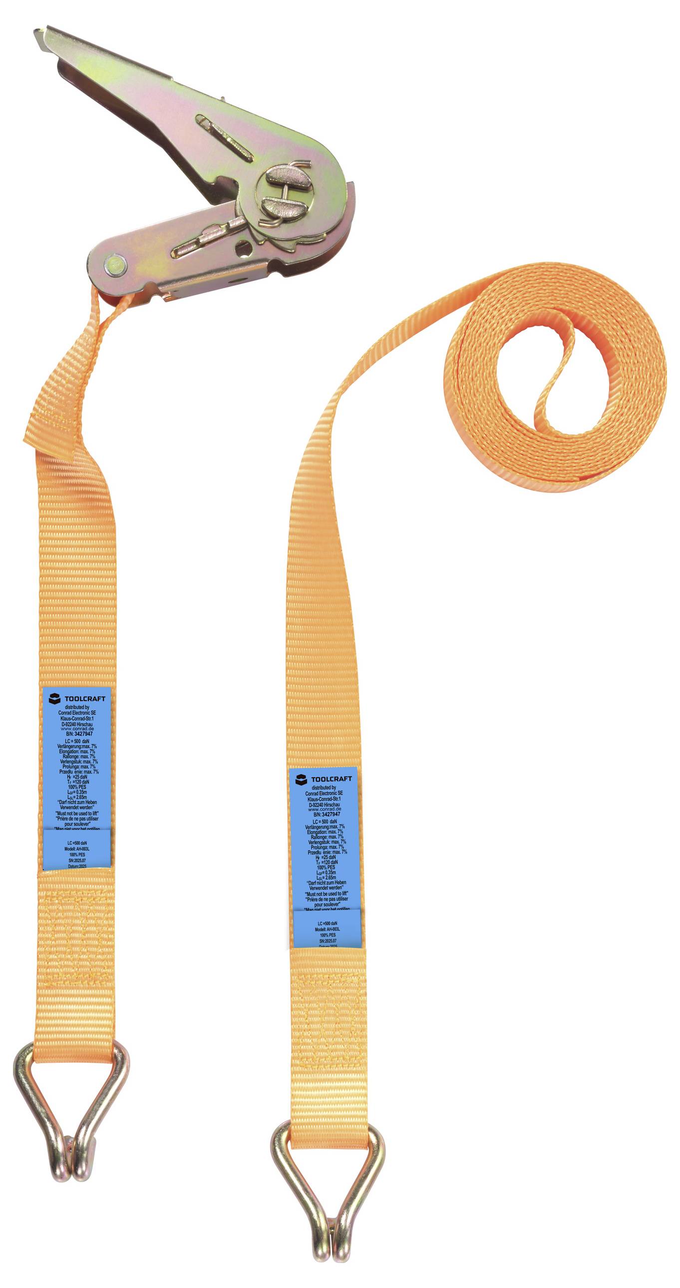 TOOLCRAFT TO-10283841 Zugkraft LC Niederzurren (einzeln/direkt)=1000 daN (L x B) 3m x 25mm Ratsche EN 12195-2