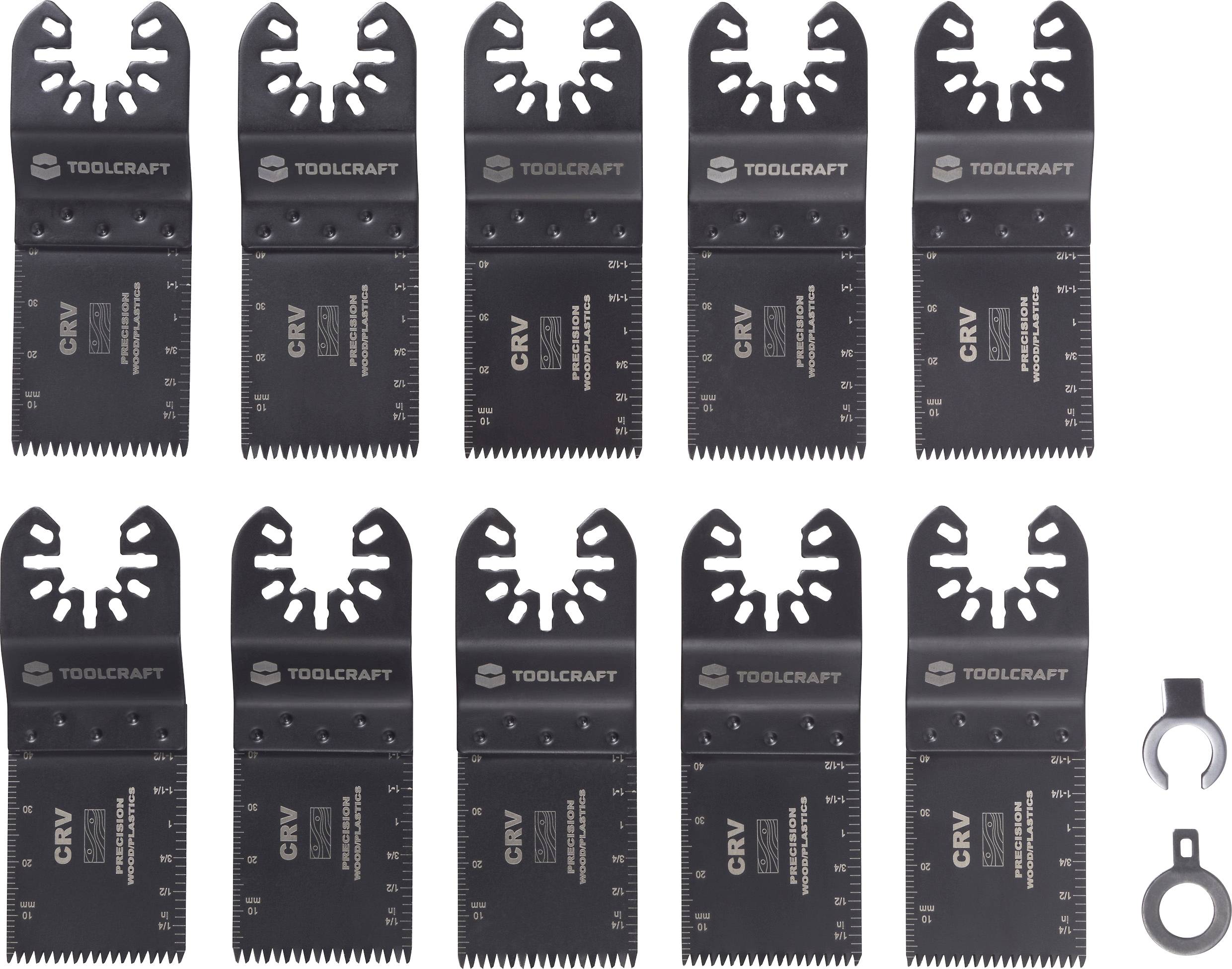 Satz von zehn schwarzen CRV-Sägeblättern von Toolcraft mit Adapter.