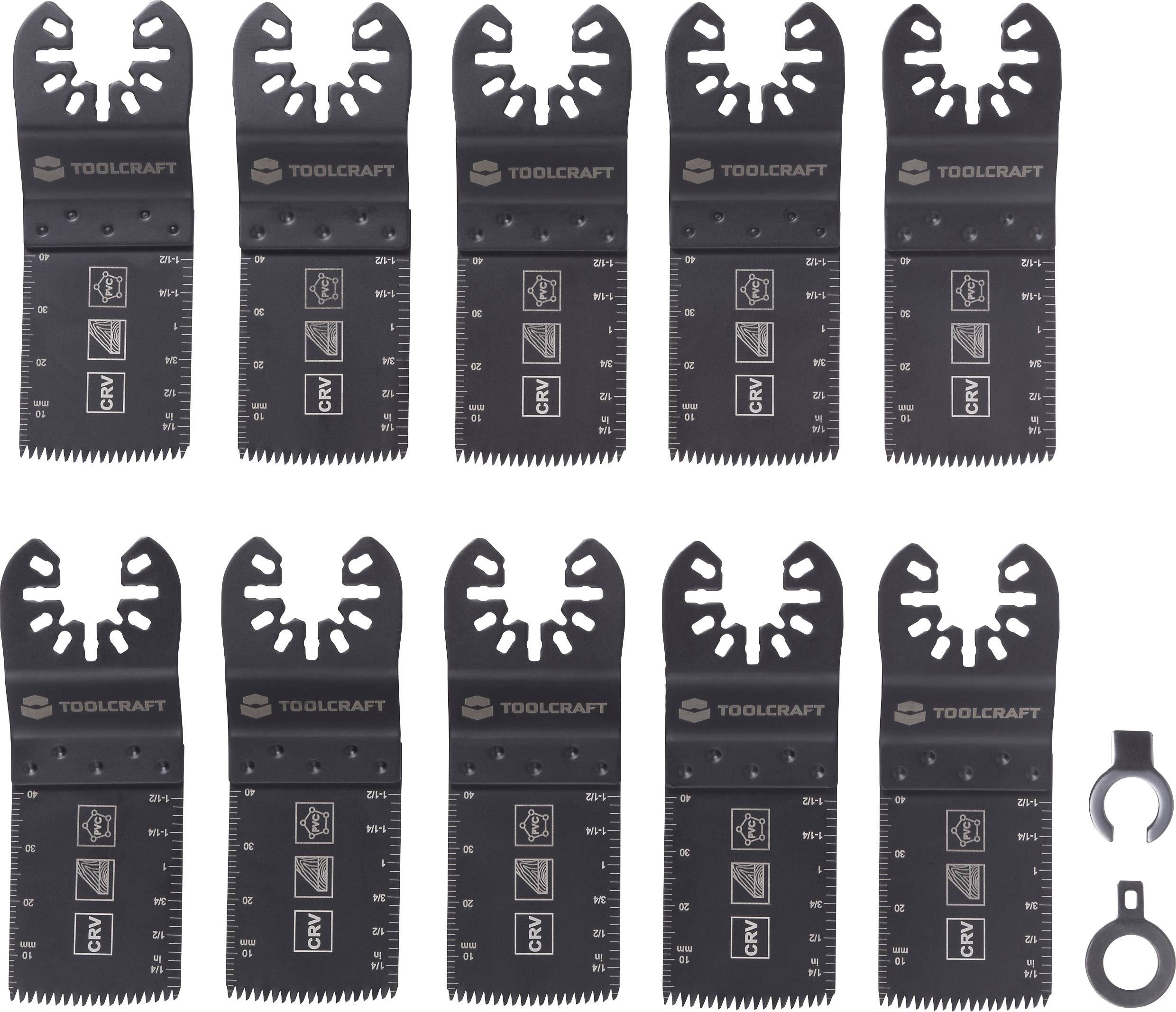 „Satz von zehn schwarzen oszillierenden Werkzeugklingen mit verschiedenen Markierungen, begleitet von zwei schwarzen scheiben­ähnlichen Zubehörteilen.